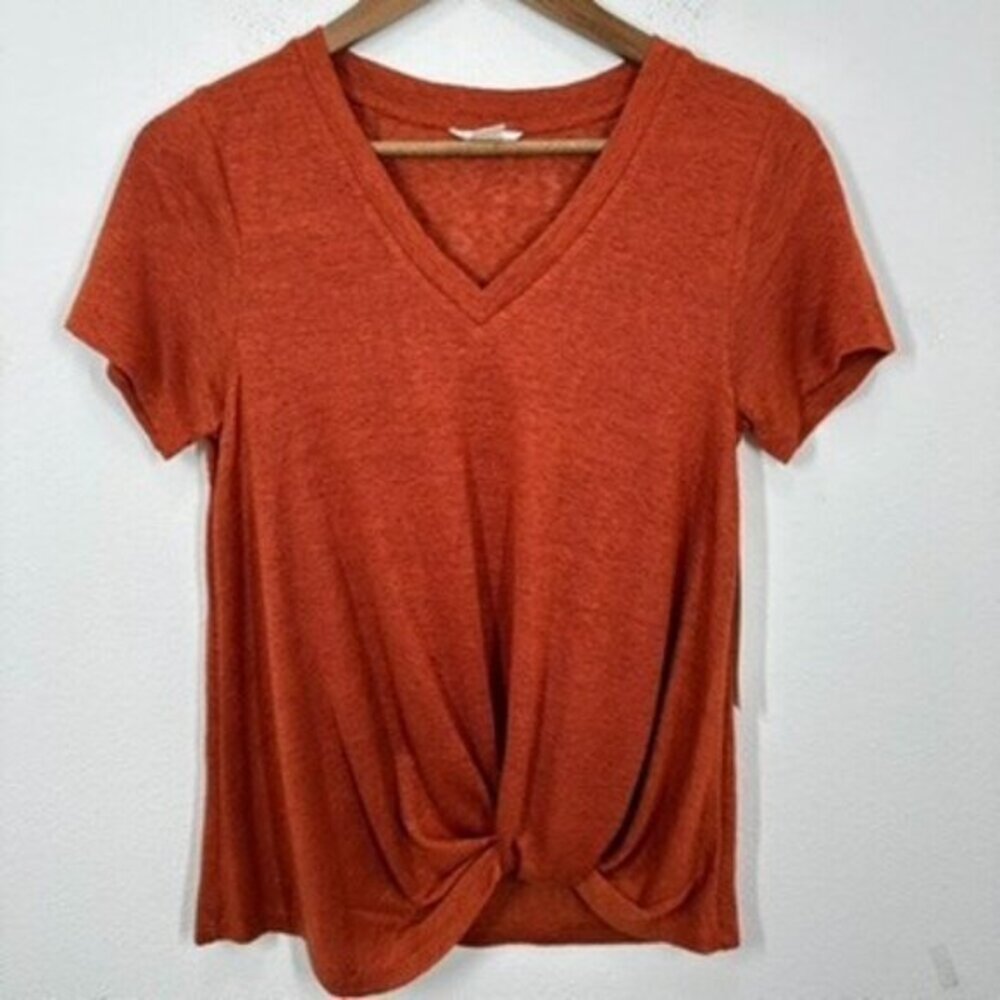 Caslon Nordstrom Twist Front V Neck Lightweight Casual Tee Shirt Dark Orange NWT
